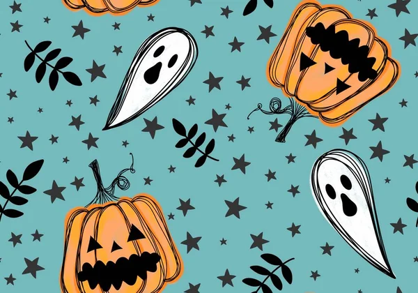 Herfst Cartoon Oogst Groente Naadloze Halloween Pompoenen Spook Patroon Voor — Stockfoto