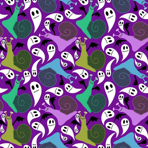 Zwierzęta Kreskówki Halloween Bezszwowy Wzór Ślimaki Tkanin Pościeli Papieru Pakowania — Zdjęcie stockowe