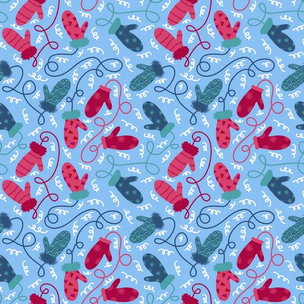 Kış eldivenleri kar taneleri desenli kağıt, kumaş, çarşaf ve çocuk giysileri baskısı ve yeni yıl ambalajı ve aksesuarları. Yüksek kaliteli illüstrasyon