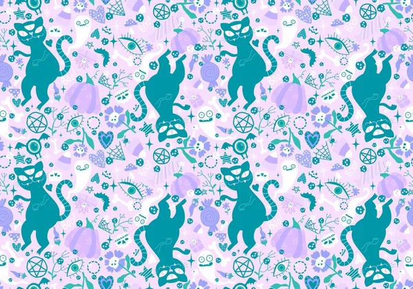 Çizgi filmlerdeki hayvanlar kusursuz cadılar bayramı kedileri ve hayalet desenli ambalaj kağıtları, kumaşlar ve çocuk kıyafetleri baskısı ve şenlikli ambalajlar ve aksesuarlar. Yüksek kaliteli illüstrasyon