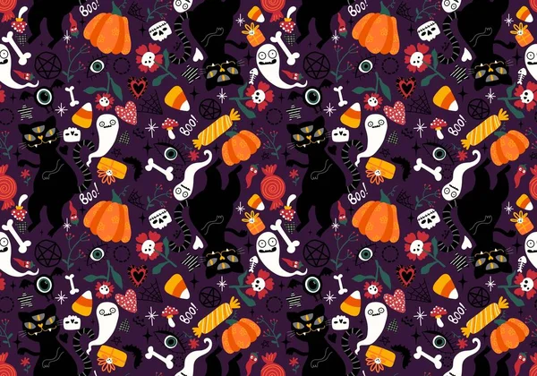 Cartoon Dieren Monsters Naadloze Halloween Katten Spook Patroon Voor Het — Stockfoto