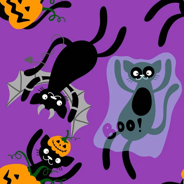 Halloween Cartoon Katten Naadloze Pompoenen Spook Monsters Vampier Patroon Voor — Stockfoto