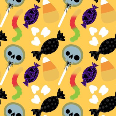Çizgi film cadılar bayramı şekersiz kafatası ve kumaş ambalajı için lolipop deseni ve çocuk giysileri baskısı ve şenlik ambalajı ve sonbahar aksesuarları. Yüksek kaliteli illüstrasyon