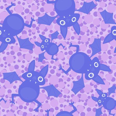 Çizgi filmlerde, kumaşlar, çarşaflar, çocuk aksesuarları, şenlikli ambalajlar ve hayvan baskıları için kusursuz Cadılar Bayramı yarasaları deseni. Yüksek kaliteli illüstrasyon