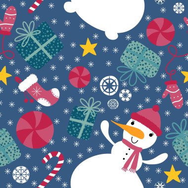 Çizgi film Noel kardan adamı dikişsiz şekerler, hediye kutuları, kar taneleri ve kış ambalajı kağıtları, kumaşlar, çocuk giysileri baskıları ve yeni yıl paketleri için eldiven desenleri. Yüksek kaliteli illüstrasyon