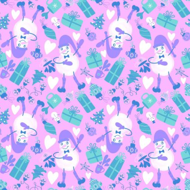 Çizgi film Noel kardan adam kusursuz hediye kutusu ve çay ve aydınlatma ampulleri ve eldivenler ve kağıt ve kumaşlar için top desenleri ve şenlikli ambalaj ve kış. Yüksek kaliteli illüstrasyon