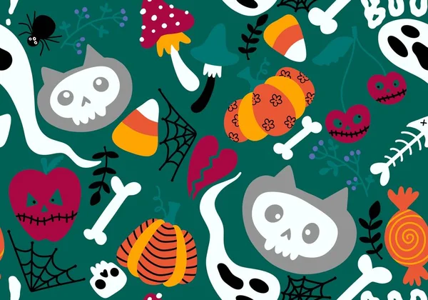 漫画ハロウィン猫シームレスカボチャや頭蓋骨や幽霊や包装紙や布やお祝いのアクセサリーや秋の包装のキノコパターン 高品質のイラスト — ストック写真