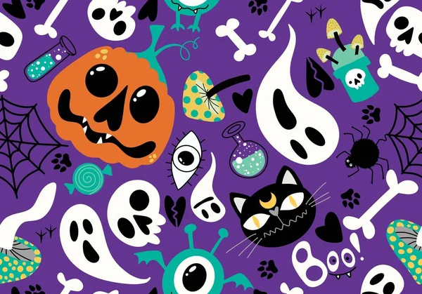 Halloween Cartoon Pompoenen Kat Naadloze Botten Spook Paddenstoelen Gif Patroon — Stockfoto