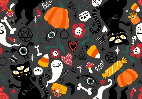 Tecknad Djur Monster Sömlösa Halloween Katter Och Spöke Mönster För — Stockfoto