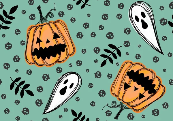Autunno Cartone Animato Raccolta Verdura Senza Soluzione Continuità Zucche Halloween — Foto Stock