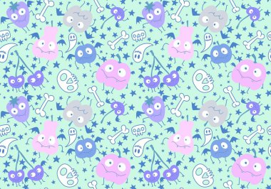 Sonbahar çizgi filmi hasat mevsimi Cadılar Bayramı meyve canavarları. Kağıt, kumaş, çarşaf ve çocuk giysileri baskısı ve hediye paketi için vampir deseni. Yüksek kaliteli illüstrasyon