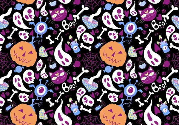 Halloween Cartoon Pumpkins Cat Seamless Bones Ghost Mushrooms Poison Pattern — Stock Photo, Image