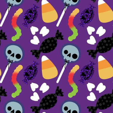 Çizgi film cadılar bayramı şekersiz kafatası ve kumaş ambalajı için lolipop deseni ve çocuk giysileri baskısı ve şenlik ambalajı ve sonbahar aksesuarları. Yüksek kaliteli illüstrasyon