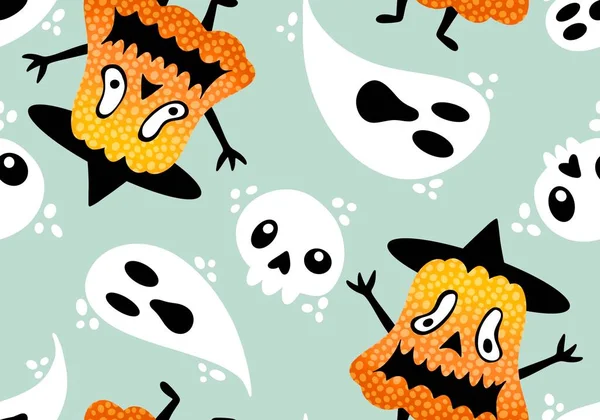 Autumn Cartoon Colheita Vegetal Sem Costura Halloween Abóboras Fantasma Padrão — Fotografia de Stock