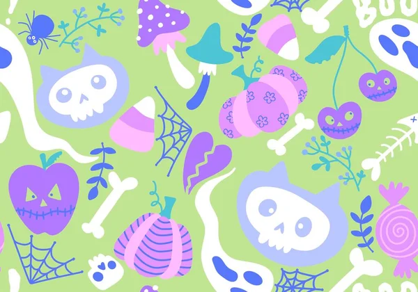 Çizgi filmlerdeki cadılar bayramı kedileri dikişsiz balkabakları, kafatasları hayalet ve mantar desenli ambalaj kağıtları, kumaşlar, şenlikli aksesuarlar ve sonbahar ambalajları. Yüksek kaliteli illüstrasyon