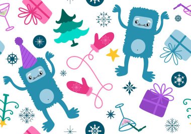 Çizgi film yeti, ambalaj kağıdı, yeni yıl aksesuarları, kumaşlar, çocuk giysileri baskısı ve şenlikli paketleme için kusursuz bir Noel deseni. Yüksek kaliteli illüstrasyon