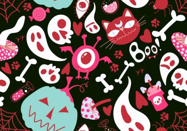 Cadılar Bayramı balkabakları, kedisiz kediler, hayaletler, mantarlar, ambalaj kağıtları, kumaşlar ve çocuk giysileri baskıları ve ambalajları için zehir örnekleri. Yüksek kaliteli illüstrasyon