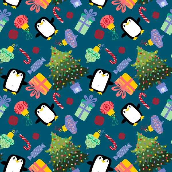 Рождественские Мультяшные Животные Бесшовный Пингвин Подарочная Коробка Конфеты Шаблон Упаковки — стоковое фото