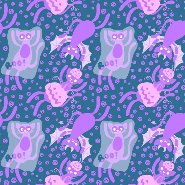 Хеллоуїн Мультяшні Коти Безшовні Гарбузи Привид Монстри Вампірський Візерунок Тканин — стокове фото