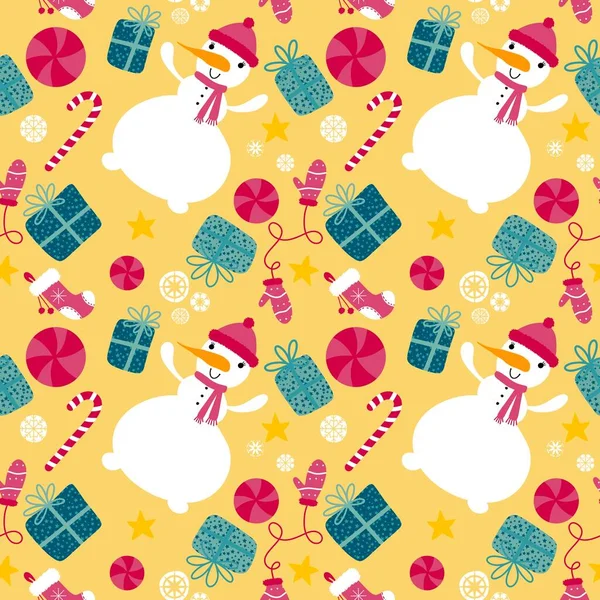 Cartoon Christmas Snowman Seamless Candy Gift Box Snowflakes Mittens Pattern — Stock Photo, Image
