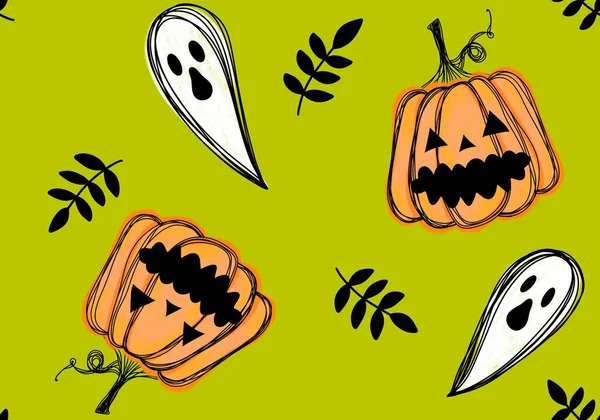 Herbst Cartoon Ernte Gemüse Nahtlose Halloween Kürbisse Und Geistermuster Zum — Stockfoto