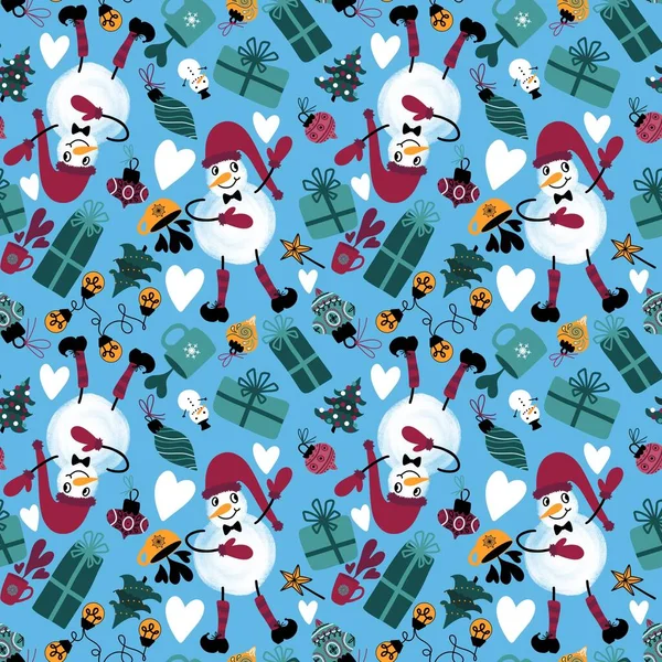 Dibujos Animados Navidad Muñeco Nieve Caja Regalo Sin Costuras Bombillas —  Fotos de Stock