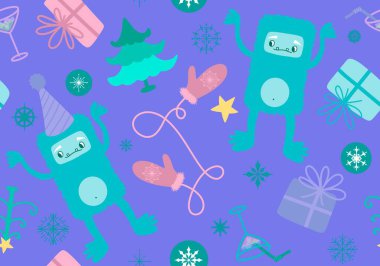 Çizgi film yeti, ambalaj kağıdı, yeni yıl aksesuarları, kumaşlar, çocuk giysileri baskısı ve şenlikli paketleme için kusursuz bir Noel deseni. Yüksek kaliteli illüstrasyon