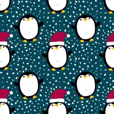 Kış hayvanları karikatürsüz penguen desenli ambalaj kağıdı ve çocuk giysileri baskısı ve Noel paketleri ve kumaşlar ve şenlikli aksesuarlar. Yüksek kaliteli illüstrasyon