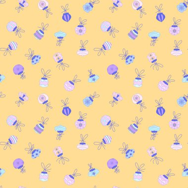 Noel ağacı desensiz çizgi film oyuncakları ambalaj kağıtları, kumaşlar ve çocuk giysileri baskısı, şenlikli aksesuarlar ve kış ambalajları için. Yüksek kaliteli illüstrasyon