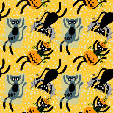 Cadılar Bayramı çizgi kedileri kusursuz balkabakları, hayalet ve canavarlar kumaşlar ve ambalaj kağıtları için vampir desenleri ve çocuk giysileri baskısı, ambalaj ve aksesuarlar. Yüksek kaliteli illüstrasyon