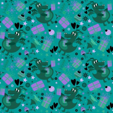 Yeni yıl ejderhaları, Noel dinozor desenli ambalajsız ambalajsız Noel dinozor desenleri ve çocuk kıyafetleri baskısı, şenlikli ambalajlar, kumaşlar ve Noel aksesuarları. Yüksek kaliteli illüstrasyon