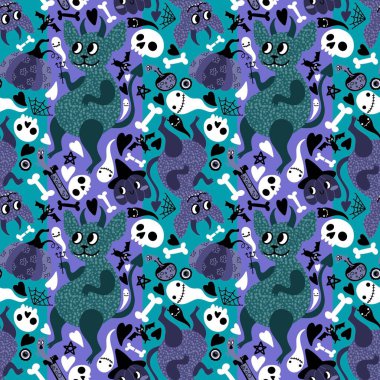 Çizgi film cadılar bayramı canavarları kusursuz şeytanlar, balkabakları ve hayalet hayvan kafatası desenleri kağıt, kumaş, kıyafet baskısı ve şenlikli aksesuarlar. Yüksek kaliteli illüstrasyon