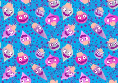 Noel ağacı topları, kumaşlar, ambalaj kağıtları, çocuk giysileri baskısı, yeni yıl ambalajları ve şenlikli aksesuarları olan kusursuz çizgi film canavarları. Yüksek kaliteli illüstrasyon