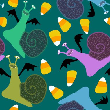 Çizgi filmlerdeki hayvanlar Cadılar Bayramı kumaşlar ve çarşaflar için kusursuz salyangoz desenleri ve ambalaj kağıdı ve çocuk giysileri baskısı ve hediye kutusu aksesuarları ve şenlik ambalajı. Yüksek kaliteli illüstrasyon