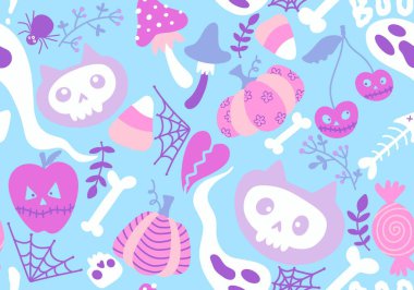 Çizgi filmlerdeki cadılar bayramı kedileri dikişsiz balkabakları, kafatasları hayalet ve mantar desenli ambalaj kağıtları, kumaşlar, şenlikli aksesuarlar ve sonbahar ambalajları. Yüksek kaliteli illüstrasyon