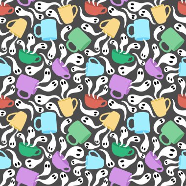 Cadılar Bayramı çizgi roman canavarları kusursuz hayaletler ve bir fincan çay ve kahve kağıtları ve kumaşlar ve moda baskısı ve şenlikli ambalajlar ve sonbahar aksesuarları için. Yüksek kaliteli illüstrasyon