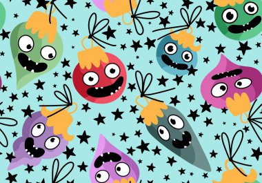 Noel ağacı topları, kumaşlar, ambalaj kağıtları, çocuk giysileri baskısı, yeni yıl ambalajları ve şenlikli aksesuarları olan kusursuz çizgi film canavarları. Yüksek kaliteli illüstrasyon