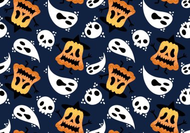 Sonbahar çizgi filmi, sebze hasadı, dikişsiz Cadılar Bayramı balkabağı, ambalaj kağıdı, kumaş, çocuk giysisi baskısı ve şenlikli paketleme için hayalet deseni. Yüksek kaliteli illüstrasyon