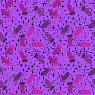 Kış eldivenleri kar taneleri desenli kağıt, kumaş, çarşaf ve çocuk giysileri baskısı ve yeni yıl ambalajı ve aksesuarları. Yüksek kaliteli illüstrasyon