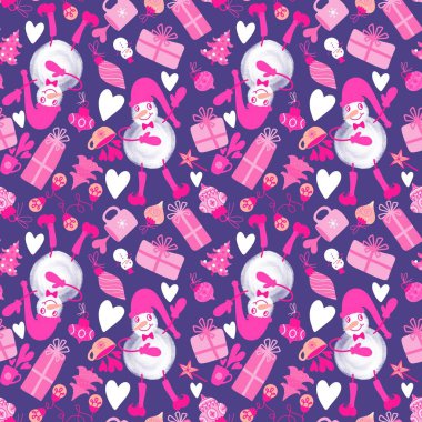 Çizgi film Noel kardan adam kusursuz hediye kutusu ve çay ve aydınlatma ampulleri ve eldivenler ve kağıt ve kumaşlar için top desenleri ve şenlikli ambalaj ve kış. Yüksek kaliteli illüstrasyon