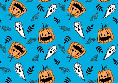 Sonbahar çizgi filmi, sebze hasadı, dikişsiz Cadılar Bayramı balkabağı, ambalaj kağıdı, kumaş, çocuk giysisi baskısı ve şenlikli paketleme için hayalet deseni. Yüksek kaliteli illüstrasyon