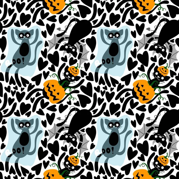 Halloween Kreslené Kočky Hladké Dýně Duch Příšery Upíří Vzor Pro — Stock fotografie
