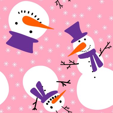 Noel kardan adam kardan adam kusursuz buz, şapka ve havuç desenli ambalaj kâğıdı, kumaş ve çocuk giysileri baskısı, şenlikli ambalajlar ve yeni yıl aksesuarları. Yüksek kaliteli illüstrasyon