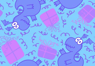 Çizgi filmlerdeki hayvanlar, dinazorlar, Noel ambalajsız ejderha desenleri, çocuk giysileri, kumaşlar ve şenlikli ambalajlar. Yüksek kaliteli illüstrasyon