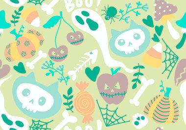 Çizgi filmlerdeki cadılar bayramı kedileri dikişsiz balkabakları, kafatasları hayalet ve mantar desenli ambalaj kağıtları, kumaşlar, şenlikli aksesuarlar ve sonbahar ambalajları. Yüksek kaliteli illüstrasyon