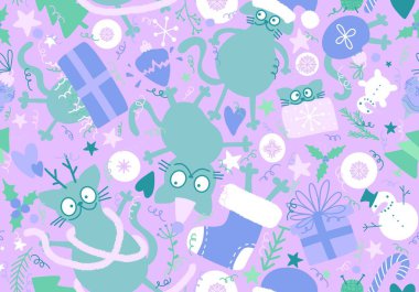 Noel hayvanları kusursuz kediler, hediye kutuları, ağaç ve oyuncak desenleri kağıt ve kumaşlar, çocuk giysileri baskısı, yeni yıl ambalajları ve şenlikli aksesuarlar. Yüksek kaliteli illüstrasyon