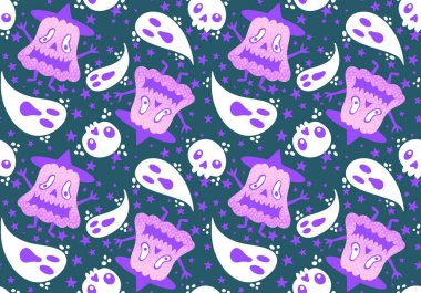 Sonbahar çizgi filmi, sebze hasadı, dikişsiz Cadılar Bayramı balkabağı, ambalaj kağıdı, kumaş, çocuk giysisi baskısı ve şenlikli paketleme için hayalet deseni. Yüksek kaliteli illüstrasyon