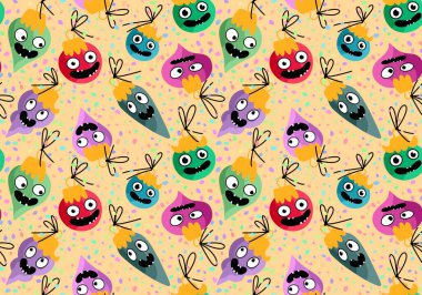 Noel ağacı topları, kumaşlar, ambalaj kağıtları, çocuk giysileri baskısı, yeni yıl ambalajları ve şenlikli aksesuarları olan kusursuz çizgi film canavarları. Yüksek kaliteli illüstrasyon