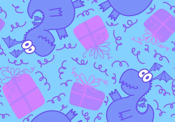 Çizgi filmlerdeki hayvanlar, dinazorlar, Noel ambalajsız ejderha desenleri, çocuk giysileri, kumaşlar ve şenlikli ambalajlar. Yüksek kaliteli illüstrasyon