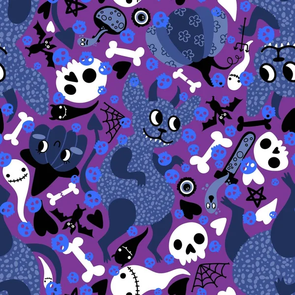 Dibujos Animados Monstruos Halloween Diablos Sin Costuras Calabazas Animales Fantasmas — Foto de Stock